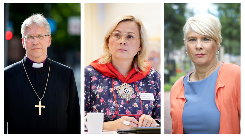 Olav Fykse Tveit (preses i Bispemøtet), Sara Ellen Anne Eira (leder i Samisk kirkeråd), Kristin Gunleiksrud Raaum (leder i Kirkerådet).
