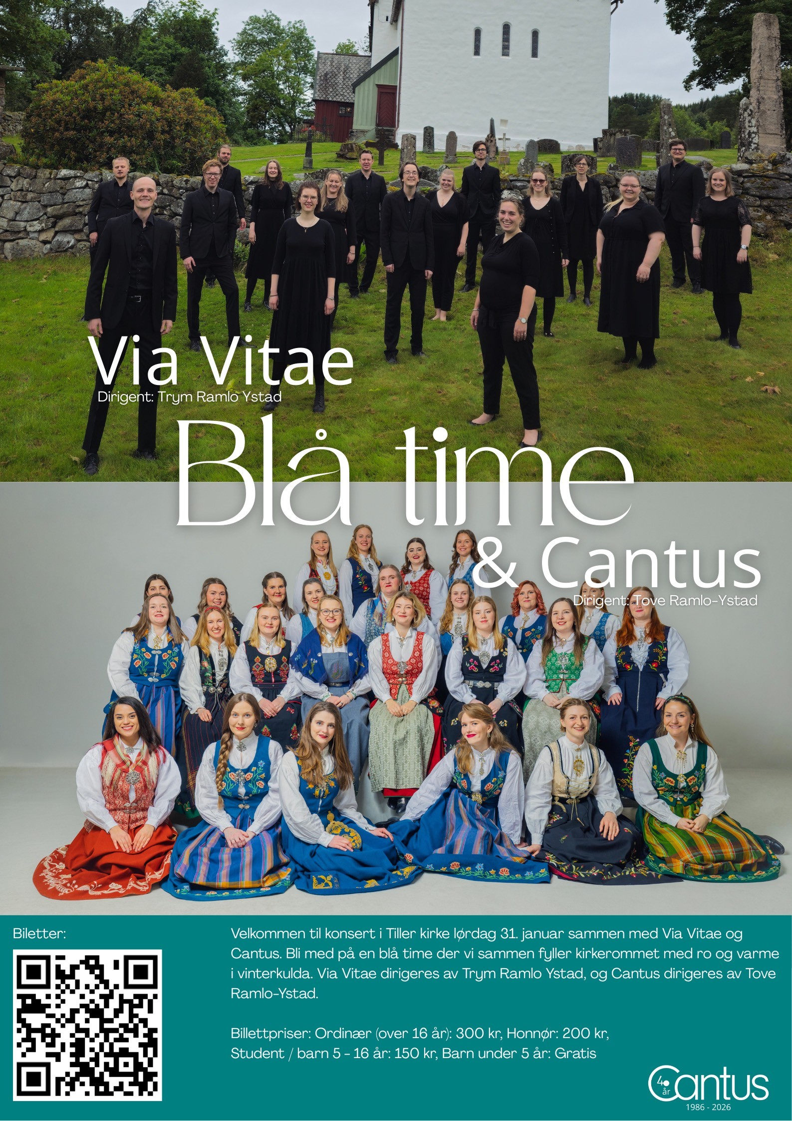 Velkommen til konsert i Tiller kirke lørdag 31. januar sammen med Via Vitae og Cantus. 