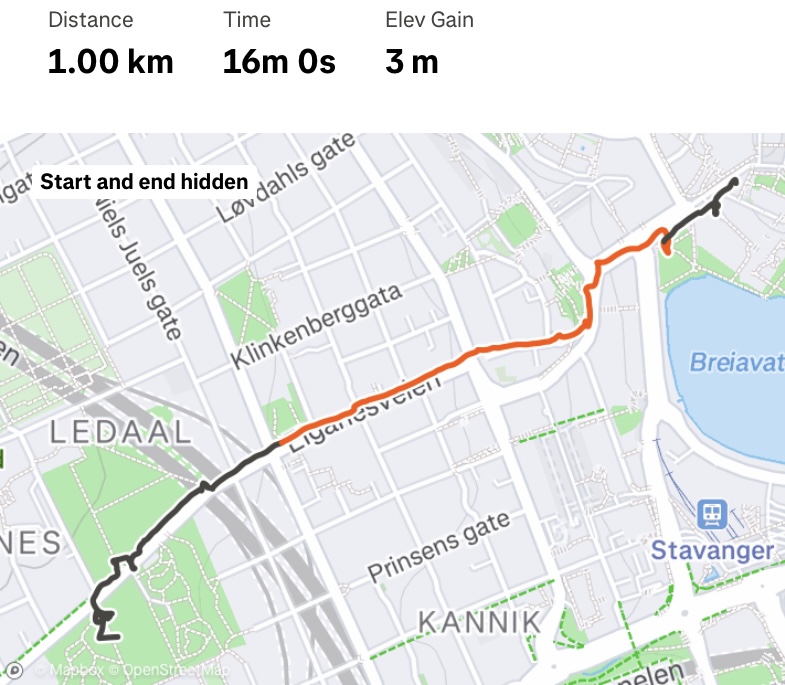 Kart over vandringen på pilegrimsdagen 16. august. Vandringen starter i Munkehagen, går langs Eiganesveien og ender ved Domkirken. 