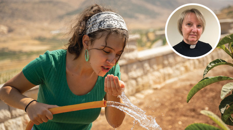 Foto: Kirkens Nødhjelp. 15 år gamle Rachelle El Debs. Området hun bor i har vært uten vann i 40 år, men takket være midler fra Kirkens Nødhjelps fasteaksjon har landsbyen fått tilgang til rent vann. Innfelt: Sogneprest Kristine Aksøy.