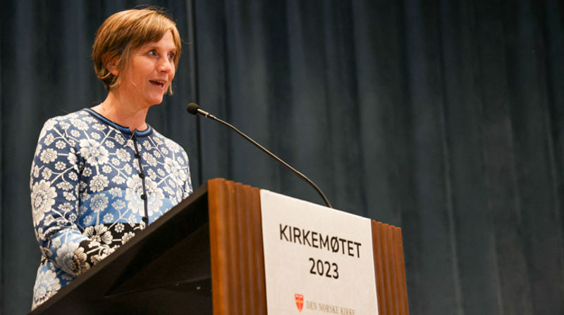 Barne- og familieminister Kjersti Toppe er til stades på Kyrkjemøtet. (Foto: Kyrkjerådet)