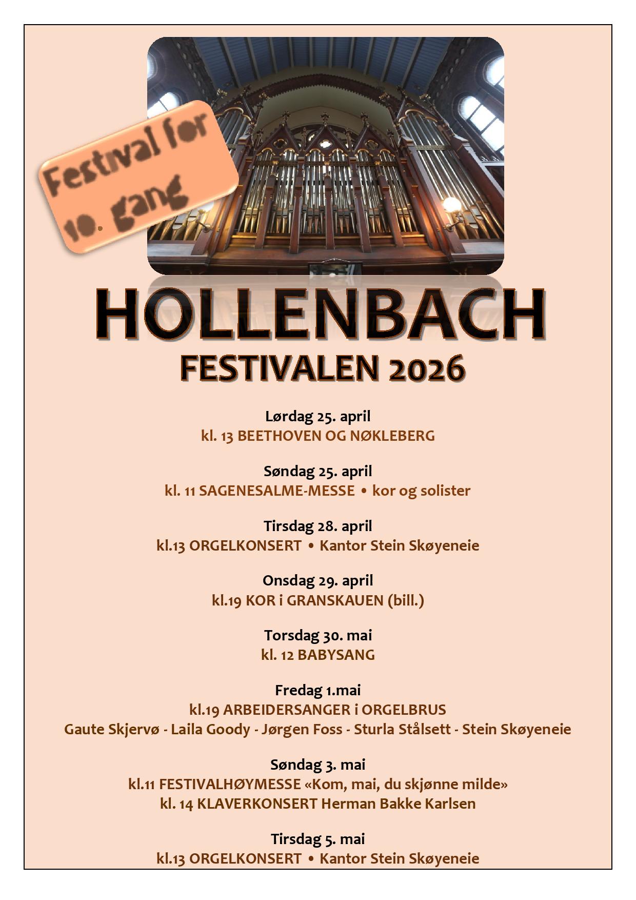 Plakat med lys rosa/beige bakgrunn og programinfo for Hollenbachfestivalen 2026.