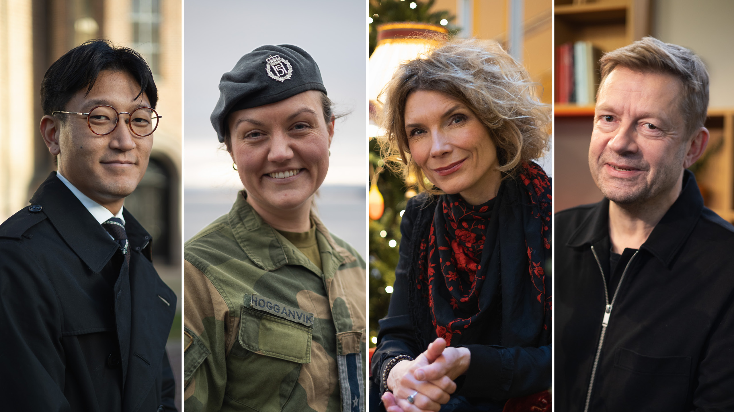 Danby Choi, Kristin Morken Hogganvik, Herborg Kråkevik og Bjarte Tjøstheim er blant de som formidler juleevangeliet i Den norske kirkes julevideo (Foto: Den norske kirke).
