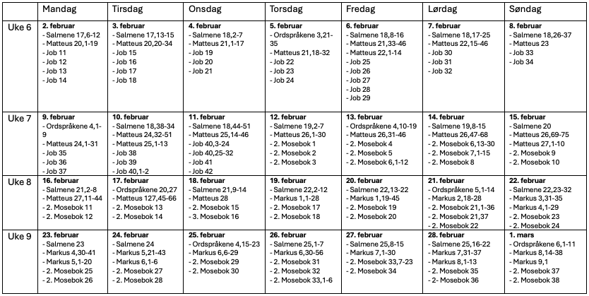 Oversikt over leseplanen i januar
