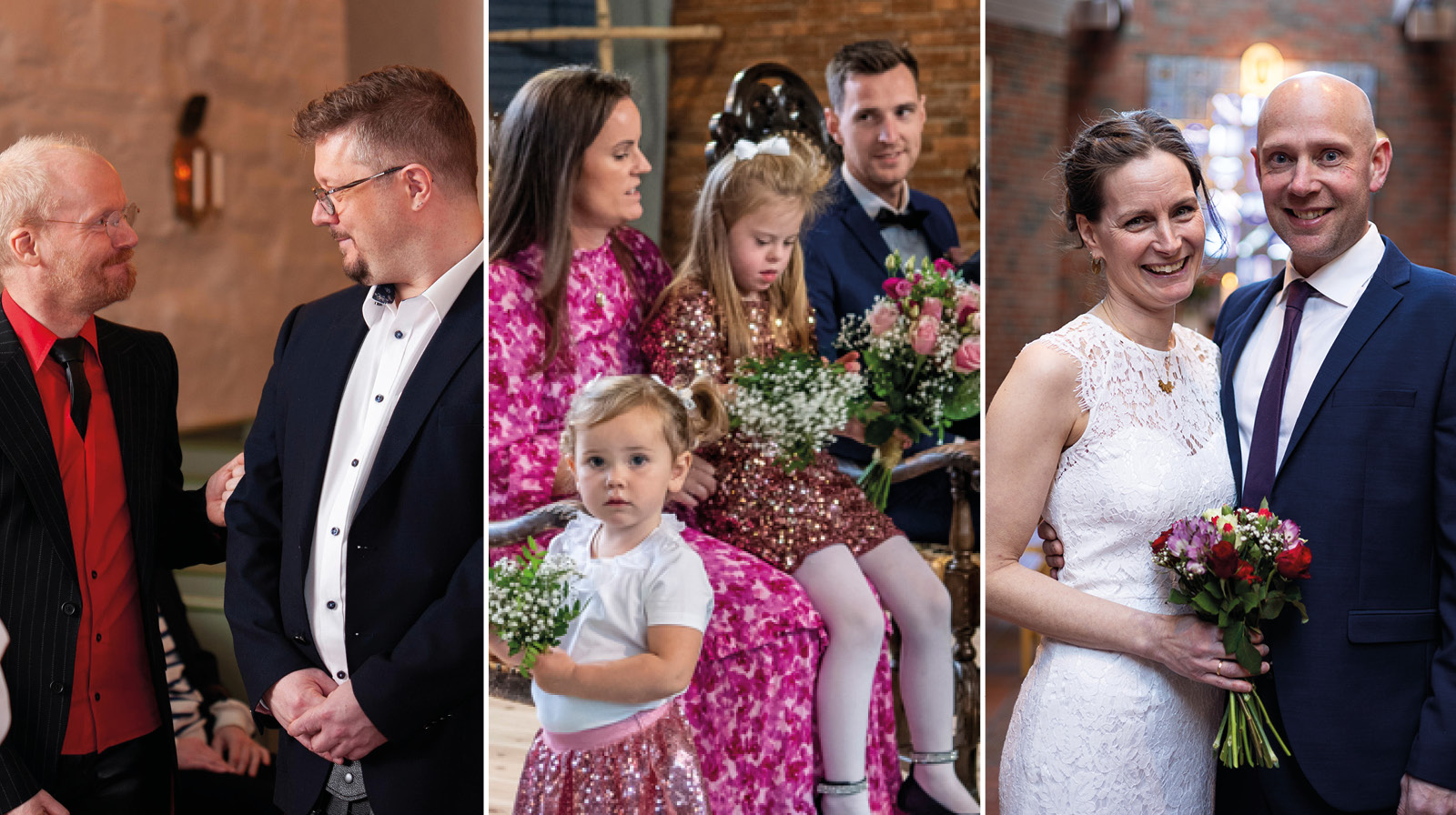 Til venstre: Erik og Tomas i Haug kirke, foto: Den norske kirke/Audun Haugen | Midten: Marte, Morten og barna deres i Namsos kirke, foto: Øivind Rånes, Namdalsavisa  | Til høyre: Nina og Per i Ski nye kirke, foto: Den norske kirke