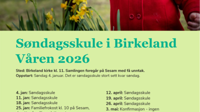 Velkommen på søndagsskole i Birkeland våren 2026