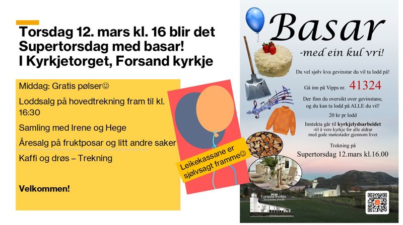 Basar med trekning på Supertorsdag 12. mars