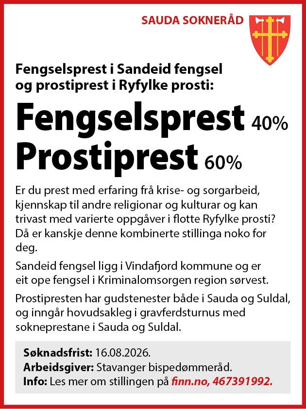 Ledig stilling som Fengselprest 40% Prostiprest 60%