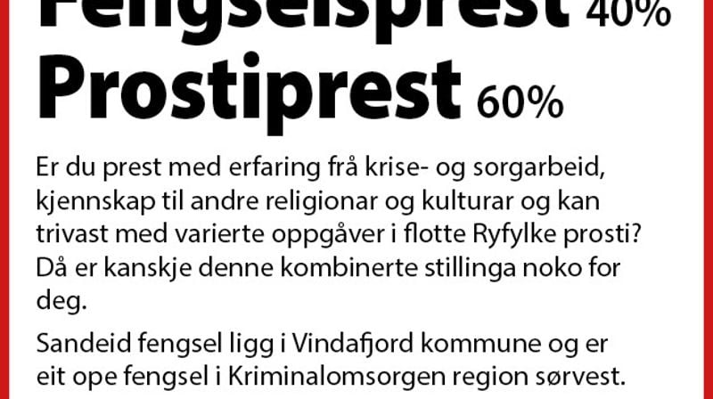 Ledig stilling som Fengselprest 40% Prostiprest 60%