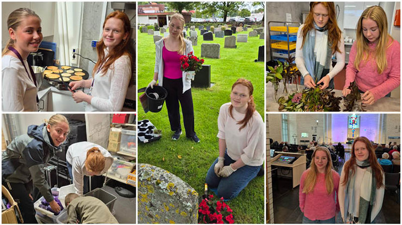 Maja, Ida og Liv er nokre dei som har sommarjobb i Den norske kyrkja i år. På biletet i midten: Maja Vasshus (stående) og Ida Bilstad (på kne). På biletet øvst til venstre: Liv Åse Rygg. Foto: Randaberg kyrkjelege fellesråd.