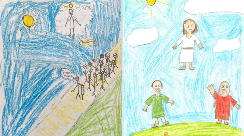 Barn i Flekkefjord menighet har tegnet det som skjedde på Kristi himmelfart. Her er tegningene til Teolina Sand Fornes og Leonora Modalsli Frøytland.