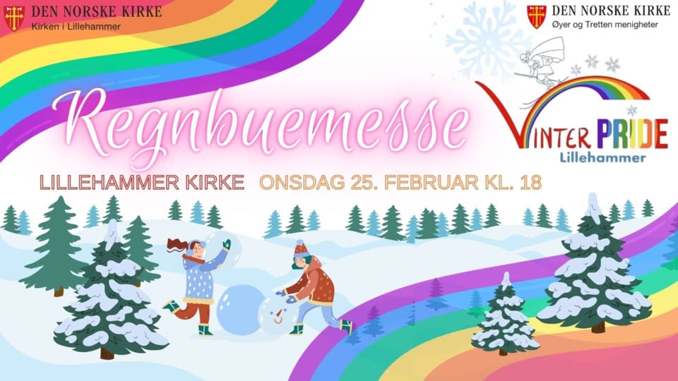 Regnbuemesse i Lillehammer kirke i forbindelse med Vinterpride 25. februar 2026 kl 18.00