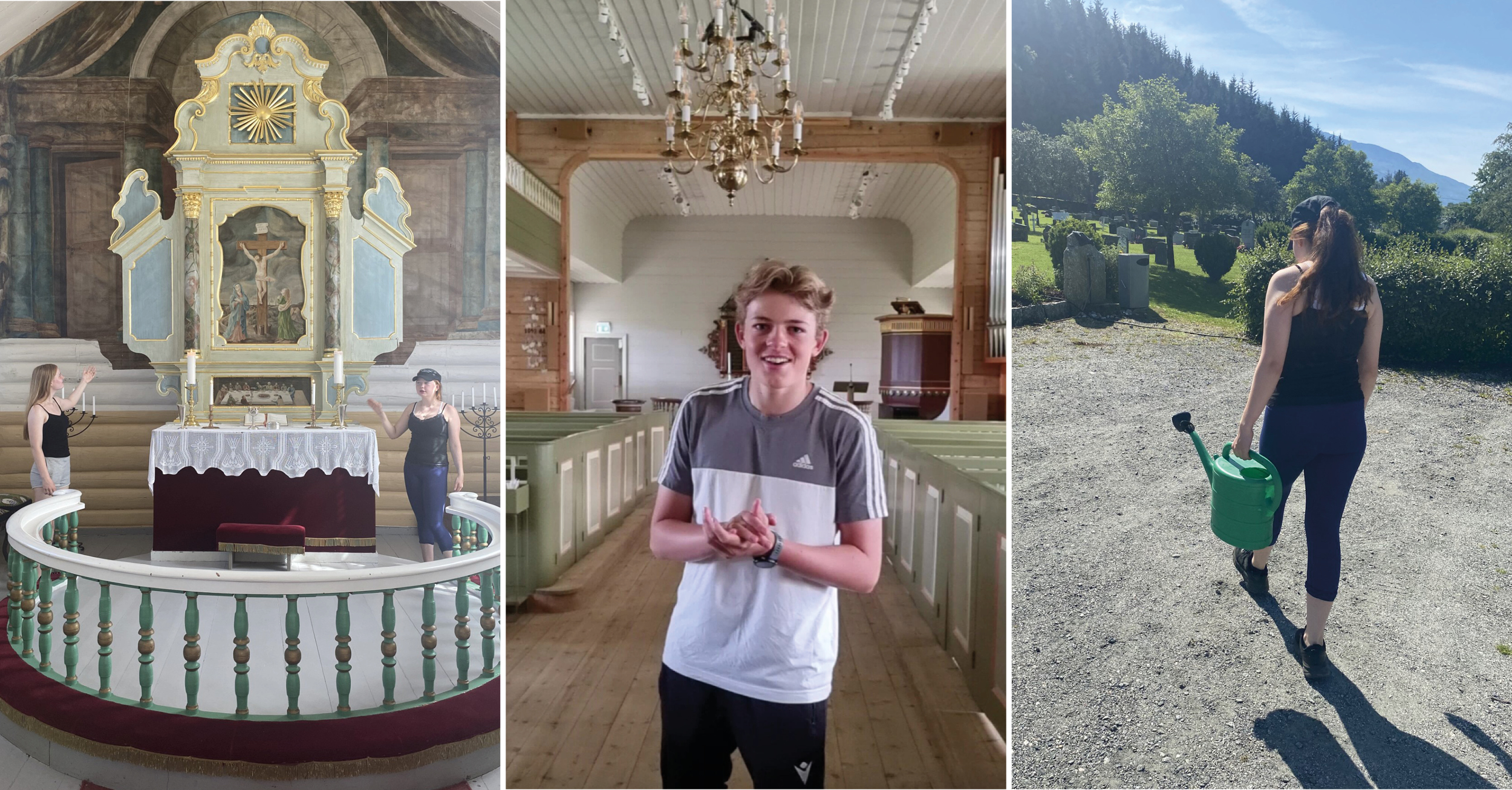 Flere hundre unge har hatt sommerjobb i Den norske kirke i sommer. Foto fra Randaberg kirke (i midten) og Vevelstad kirke (sidene). Foto: Den norske kirke.