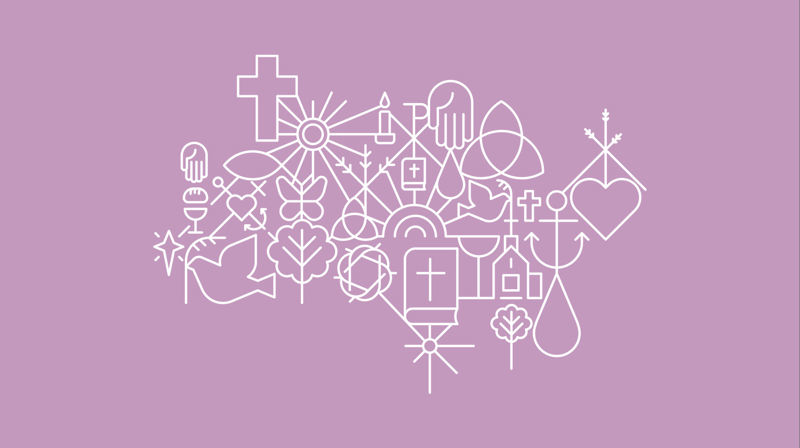 Kirkens mønster med mange små elementer som kors, hjerte, vanndråpe med mer.