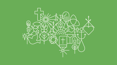 Kirkens mønster med mange små elementer som kors, hjerte, vanndråpe med mer.