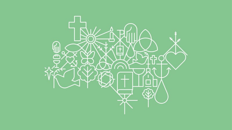 Kirkens mønster med mange små elementer som kors, hjerte, vanndråpe med mer.