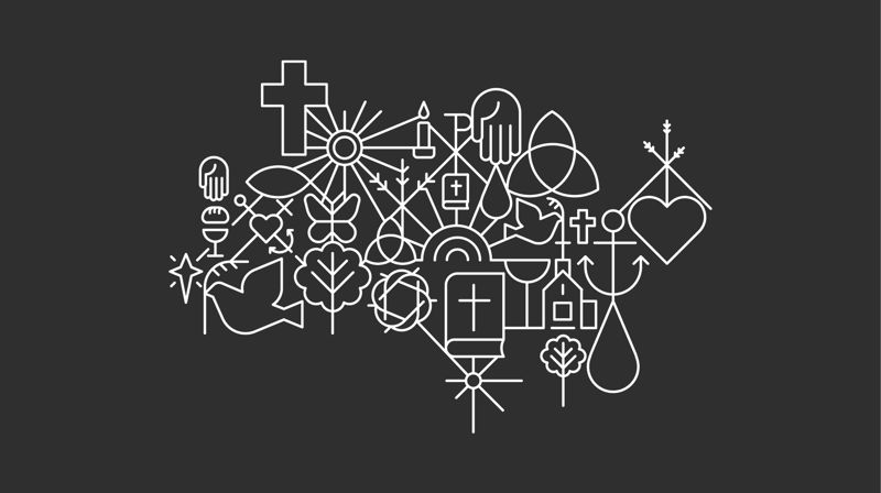 Kirkens mønster med mange små elementer som kors, hjerte, vanndråpe med mer.