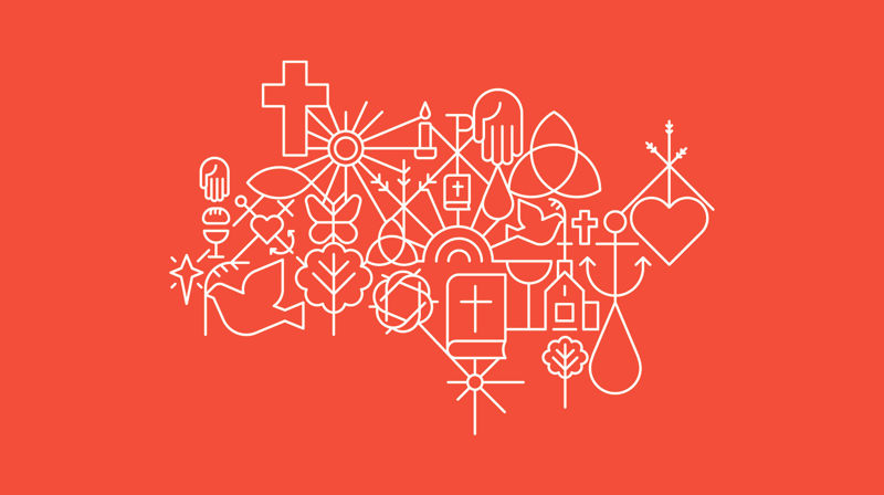 Kirkens mønster med mange små elementer som kors, hjerte, vanndråpe med mer.