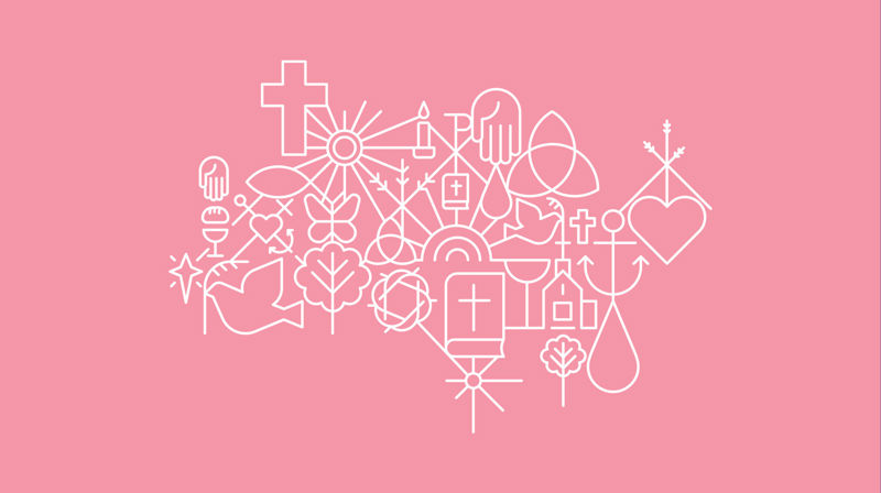 Kirkens mønster med mange små elementer som kors, hjerte, vanndråpe med mer.