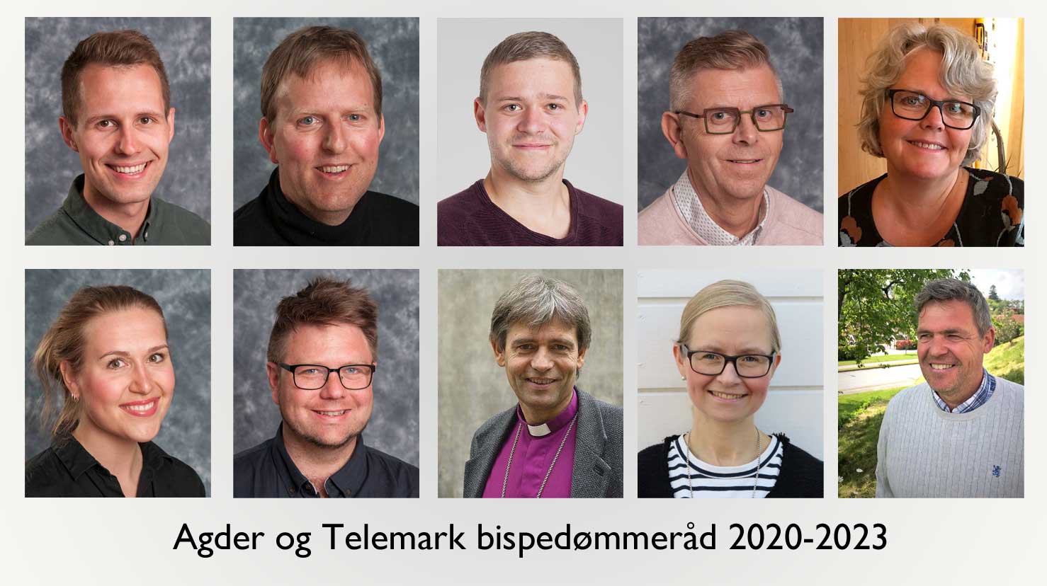 Øverst fra venstre: Kai Steffen Østensen (Åpen folkekirke), Markus Westermoen (Nominasjonskomiteens liste), Håkon Kolstad Varhaug (Bønnelista), Terje Damman (Åpen folkekirke), Turid Torland Håland (Nominasjonskomiteens liste), Ingvild Sommerfelt (Åpen folkekirke), Odin Adelsten Aunan Bohmann (Åpen folkekirke), biskop Stein Reinertsen, Kathrine Tallaksen Skjerdal (Prestenes representant), Per Gunnar Pedersen (representant for lek kirkelige tilsatte).
