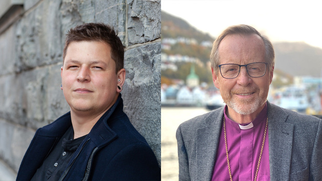 Leiar i Human-Etisk forbund, Christian Lomsdalen møter biskopen i den siste duellen "På trua laus". Foto: Monica Johansen og Jens Z. Meyer