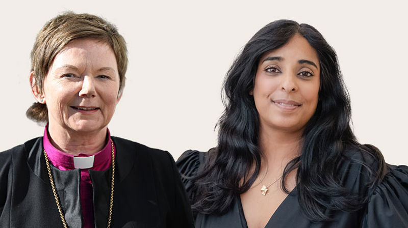 Biskop Ragnhild Jepsen og kultur- og likestillingsminister Lubna Jaffery møtest til samtale om tru i Bergen domkirke. Fotomontasje: Bjørgvin bispedømekontor og Ilja C. Hendel/KUD