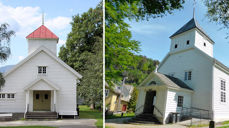 Bolstadøyri bedehus (t.h.) og Evanger kyrkje. Foto. Torild Granehaug, kirkebyggdatabasen