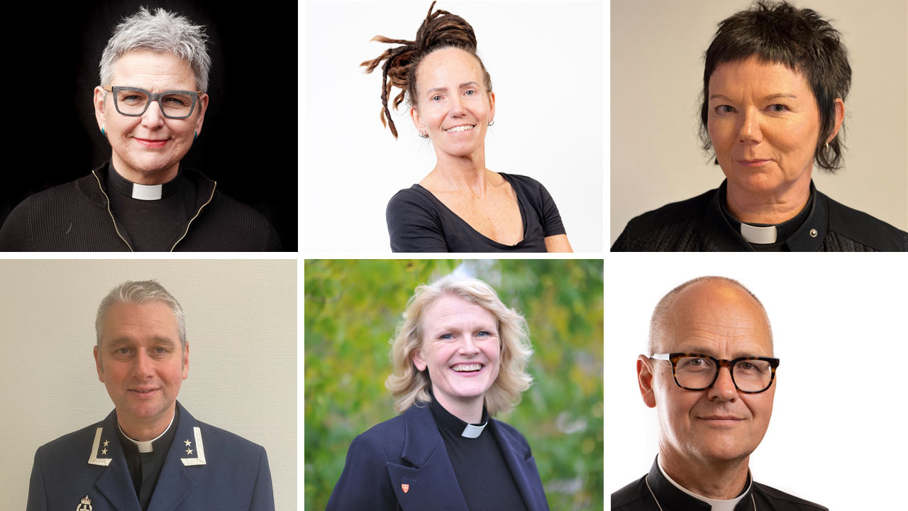 Følgjande kandidatar er nominerte til å bli biskop i Bjørgvin (oppe f.v.): Stephanie Dietrich (foto: Erlend Berge), Sunniva Gylver (foto: Harald Bø), Ragnhild Jepsen, Nils Terje Lunde (foto: Forsvaret), Kjersti Gautestad Norheim (foto: Gyrid Cecilie Nygaard) og Gudmund Waaler.