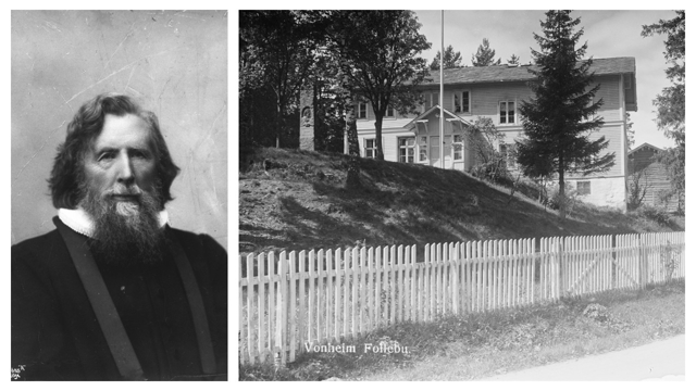  Christopher Bruun grunnla folkehøyskole i Gudbrandsdalen i 1867, som ble flyttet til Vonheim i Gausdal. Bruuns program for folkehøyskolen var å "begeistre og at meddele en ideal Livsanskuelse" og videre "at aabne Norges Bønder Adgang til en aandelig Udvikling paa hjemlig Grund". Foto: Anders Beer Wilse og Karl Olav Moe /digitalt museum