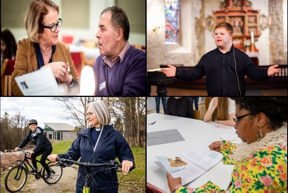 De fire søylene i diakonien vises her ved språkkafé (nestekjærlighet), inkludering (inkluderende fellesskap), sykle til jobben (vern om skaperverket) og bærekraftsboka (kamp for rettferdighet). Illustrasjonsbilde: Bo Mathisen, Kirkerådet og Ole Henrik Kongsvik