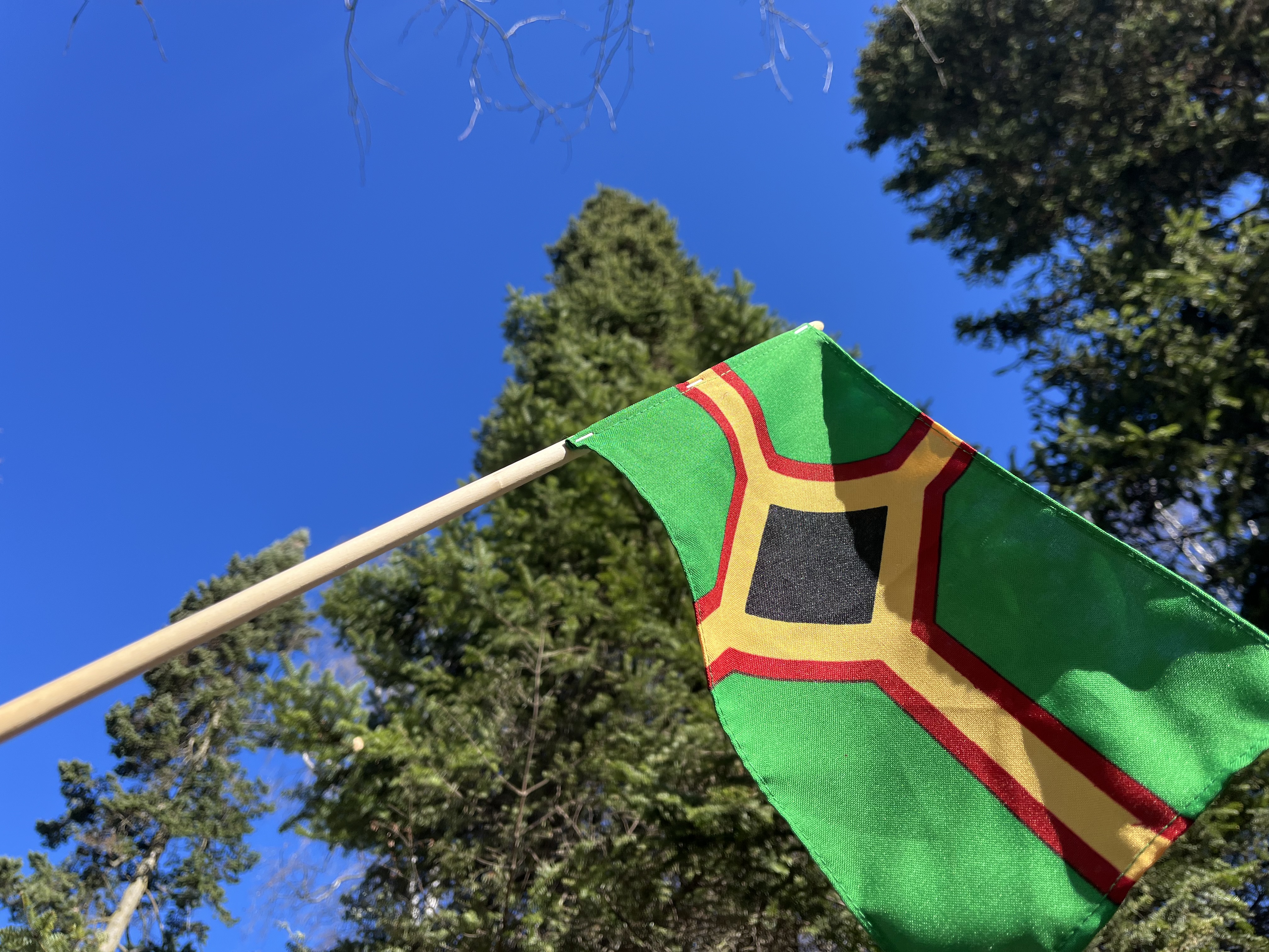 Flagget symboliserer skogens betydning for svedjebrukskulturen (grønt), moden svedjerug (gult), ilden og rognetreet-som var regnet som hellig (rødt), og soten fra røyk og svedje (svart) som også står for fruktbarhet. Foto: Hamar bispedømmeråd