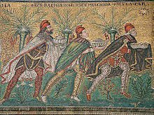 De tre vise menn framstilt i en mosaikk fra seint på 500-tallet i basilikaen i S.Apollinare Nuovo i Ravenna i Italia.