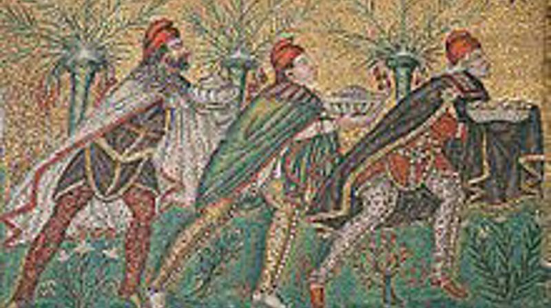De tre vise menn framstilt i en mosaikk fra seint på 500-tallet i basilikaen i S.Apollinare Nuovo i Ravenna i Italia.