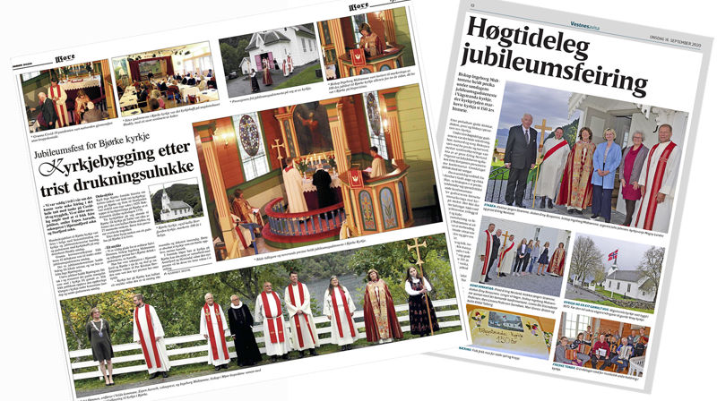 I haust har det vore kyrkjejubileum for Bjørke kyrkje (100 år) t.v., og Vågstranda kyrkje (150 år) t.h. Fleire andre kyrkjer i Møre har større og mindre jubileum i år. Sjå oversikt i artikkelen!