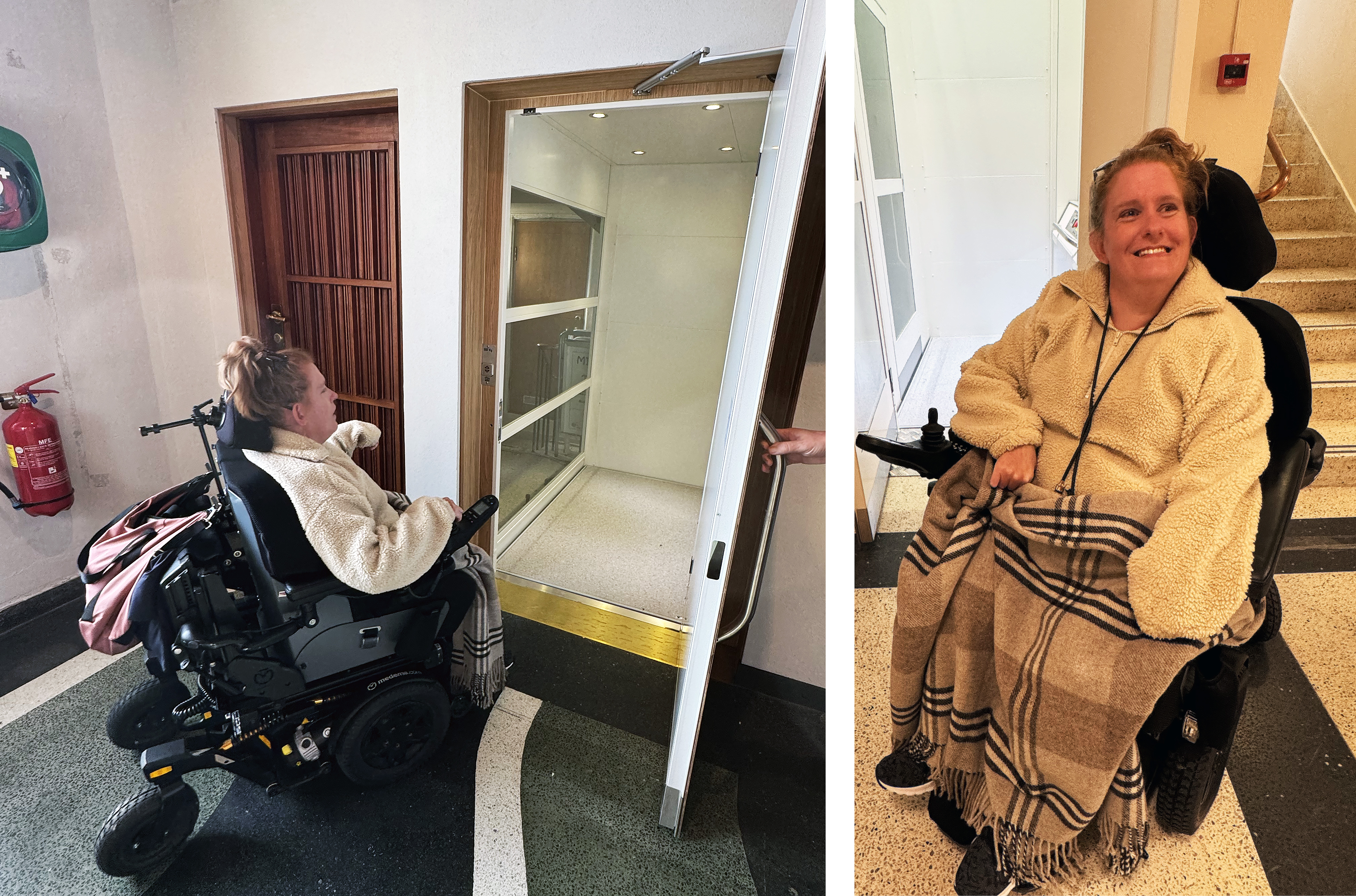 – Den nye heisen i Molde domkirke representerer en ny tid for personer med nedsatt funksjonsevne som besøker kirkens gudstjenester og øvrige kirkelige arrangementer, sier rullestolbruker Solveig Jacobsen. Hun har testet heisen og finner at det meste er bra, men foreslår noen finjusteringer. (foto: Svein Magne Harnes)