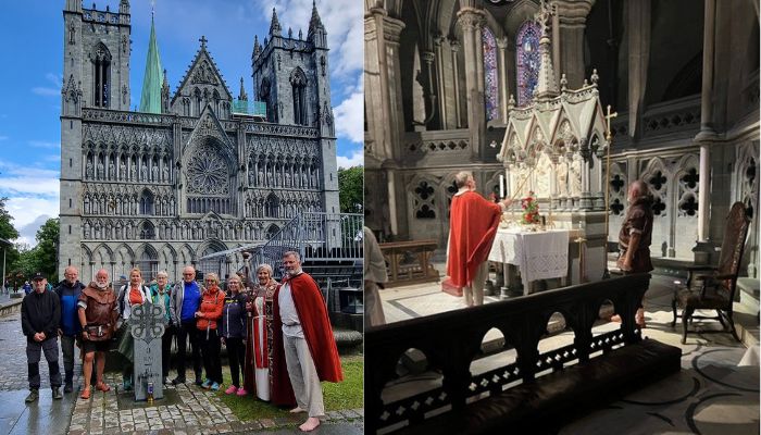 Pilegrimene som vandret med ilden fra Olavsflammen sammen med biskop Herborg utenfor Nidarosdomen.