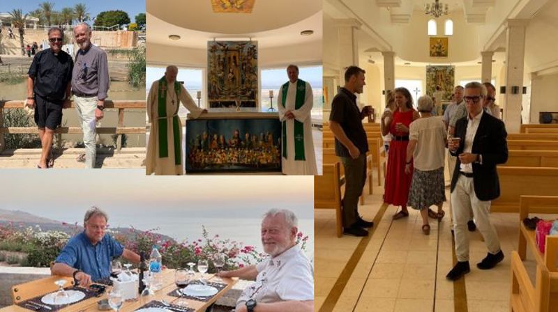 Glimt fra Jordan: Sjømannsprest Leif Magne Helgesen og Knut Kittelsaa ved alteret etter gudstjeneste og nede ved Jordanelva. I tillegg ser vi her et bilde tatt etter gudstjenesten i september med den norske ambassadøren og nordmenn i Jordan.