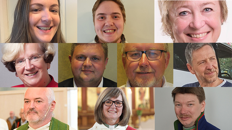 Nidaros bispedømmeråd 2019-2023. Øverst fra venstre: Agnes Sofie Gjeset, Alex Ramstad Døsvik og Grete Bækken Molland. Andre rekke fra venstre: Brit Skjelbred, Arvid Kvernmo Pedersen, Erik Seem og Kolbjørn Lie. Nederst fra venstre: John Henrik Gulbrandsen, Marta Garborg Bergslid og Bjørn Thomas Åhren.