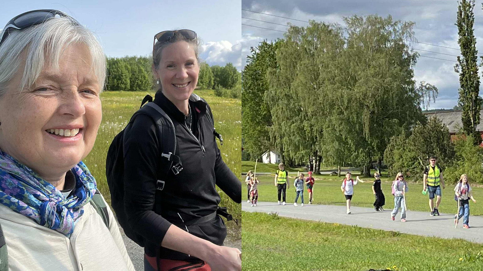 Pilegrimsprest Ingrid Bolstad Kunzendorf (t.v) og diakon i Verdal Ingrid Fossan Norum på vandring i Verdal. Til høyre tredjeklassinger i Verdal under en vandring til Vinne kirke tidligere i år. 