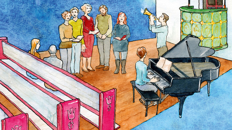 Utsnitt av omslagsillustrasjon til boken "Lenge leve salmen!". Illustratør er Rakel Marie Sivertsen.