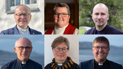 De seks bispekandidatene er: Hallgeir Elstad, Kristine Sandmæl, Tom Sverre Bredal-Tomren, Olav Rune Ertzeid, Anne Bergljot Skoglund og Svein Valle.