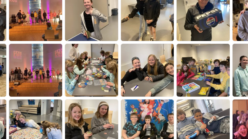 Illustrasjonen viser glimt av glade barn i aktivitet på Fin Fredag, et tilbud for barn mellom 10 og 13 år i  Ålgård menighet i Sandnes. Et eksempel på hva man kan søke midler til.