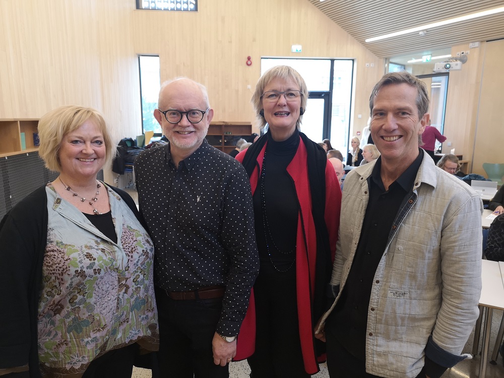 Ragnhild Halle, kulturrådgiver Stavanger bispedømme, Eirik Moe, prosjektleder "Rv 13 som pilegrimsvei”, Ragna Sofie Grung Moe, seniorrådgiver kultur Bjørgvin bispedømme og Ove Morten Berge, seniorrådgiver kirkebygg Kirkerådet. Foto: Andreas Borge Håmsø