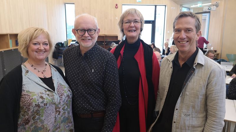 Ragnhild Halle, kulturrådgiver Stavanger bispedømme, Eirik Moe, prosjektleder "Rv 13 som pilegrimsvei”, Ragna Sofie Grung Moe, seniorrådgiver kultur Bjørgvin bispedømme og Ove Morten Berge, seniorrådgiver kirkebygg Kirkerådet. Foto: Andreas Borge Håmsø