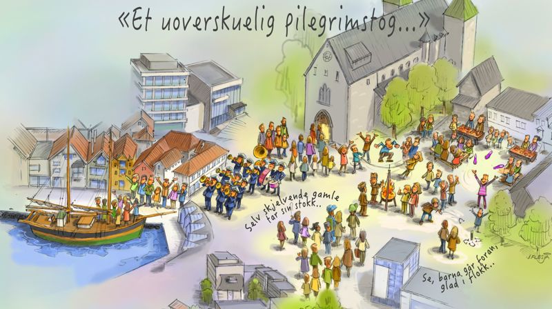 Vi kommer fra nord og sør og samles i Vågen for å ta i mot seilskuta Gurine og i Domkirken til messe. Illustrasjon: Jens Flesjå