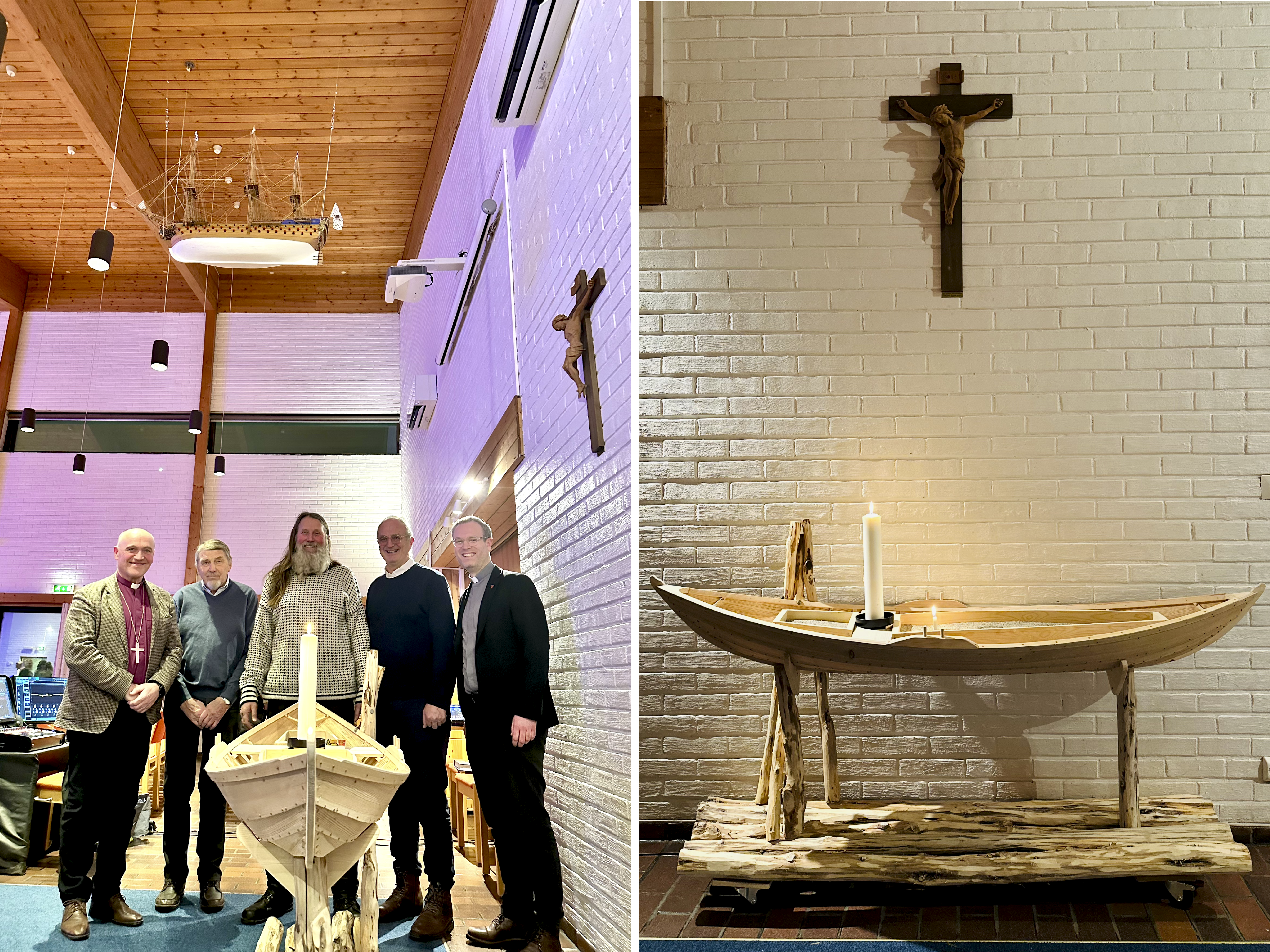 – Det er en stor glede og en ære, sa sokneprest i Mjøndalen menighet Arnstein Hardang (t.h.) under innvielsen. Ved siden av Arnstein ser vi Einar Olsen som ledet utsmykningskomiteen, båtbygger Geir Rørvik, kirkeskipbygger Jan Dammyr og biskop Jan Otto Myrseth. Foto: Torill Landaasen