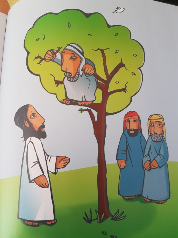 Jesus ser opp på Sakkeus i treet. Foto fra boka "Bibelboka mi" av Tor Ivar Torgauten