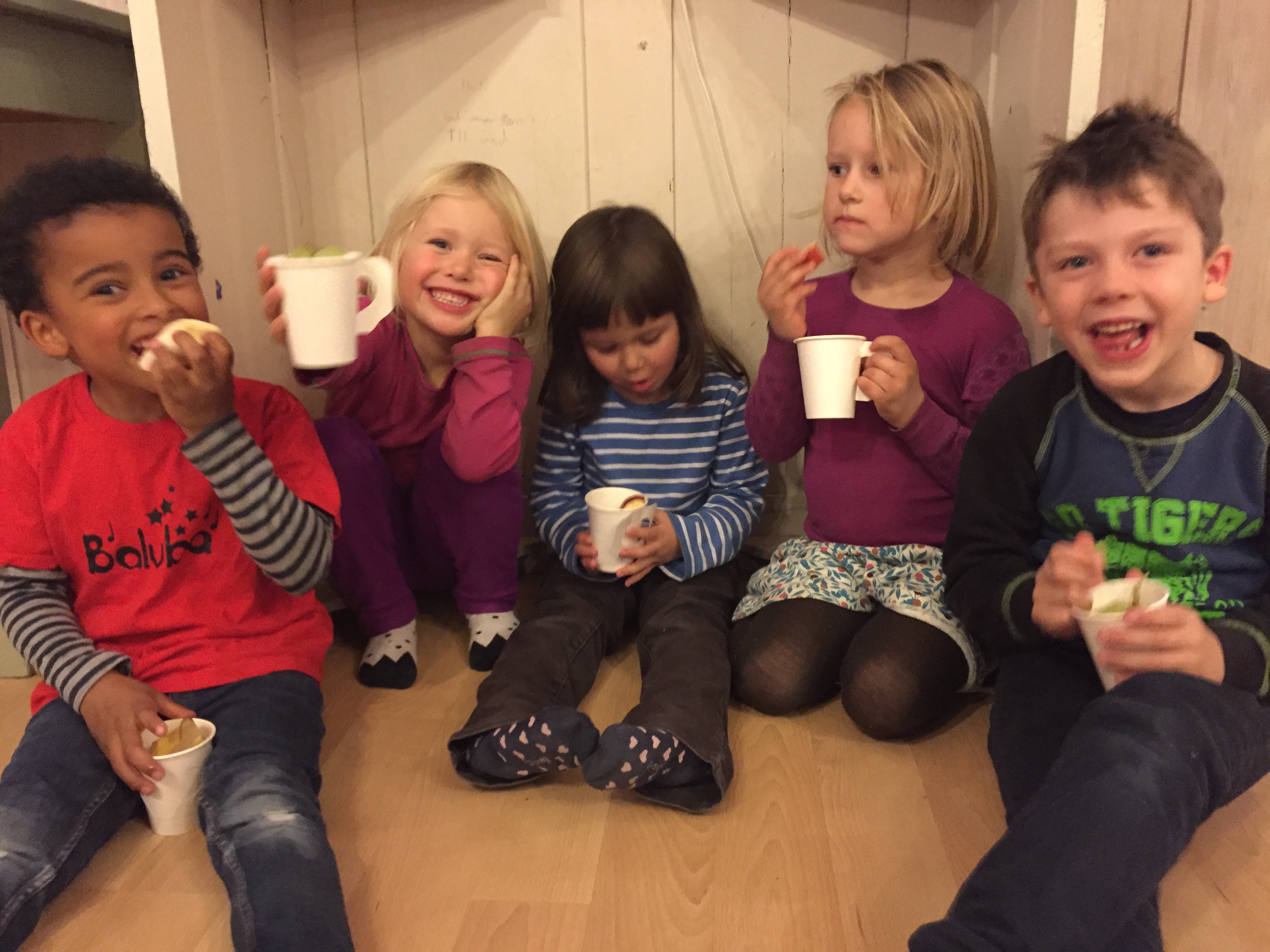 Fra høyre: Iver Storvoll 5 år, Signe Skeie 4,5 år, Ida Marie Tolo, Ella Ovidie Ågedal 4,5 år, Liam Sandvik 5 år  Tekst og bilder: Jenny Marie Ågedal