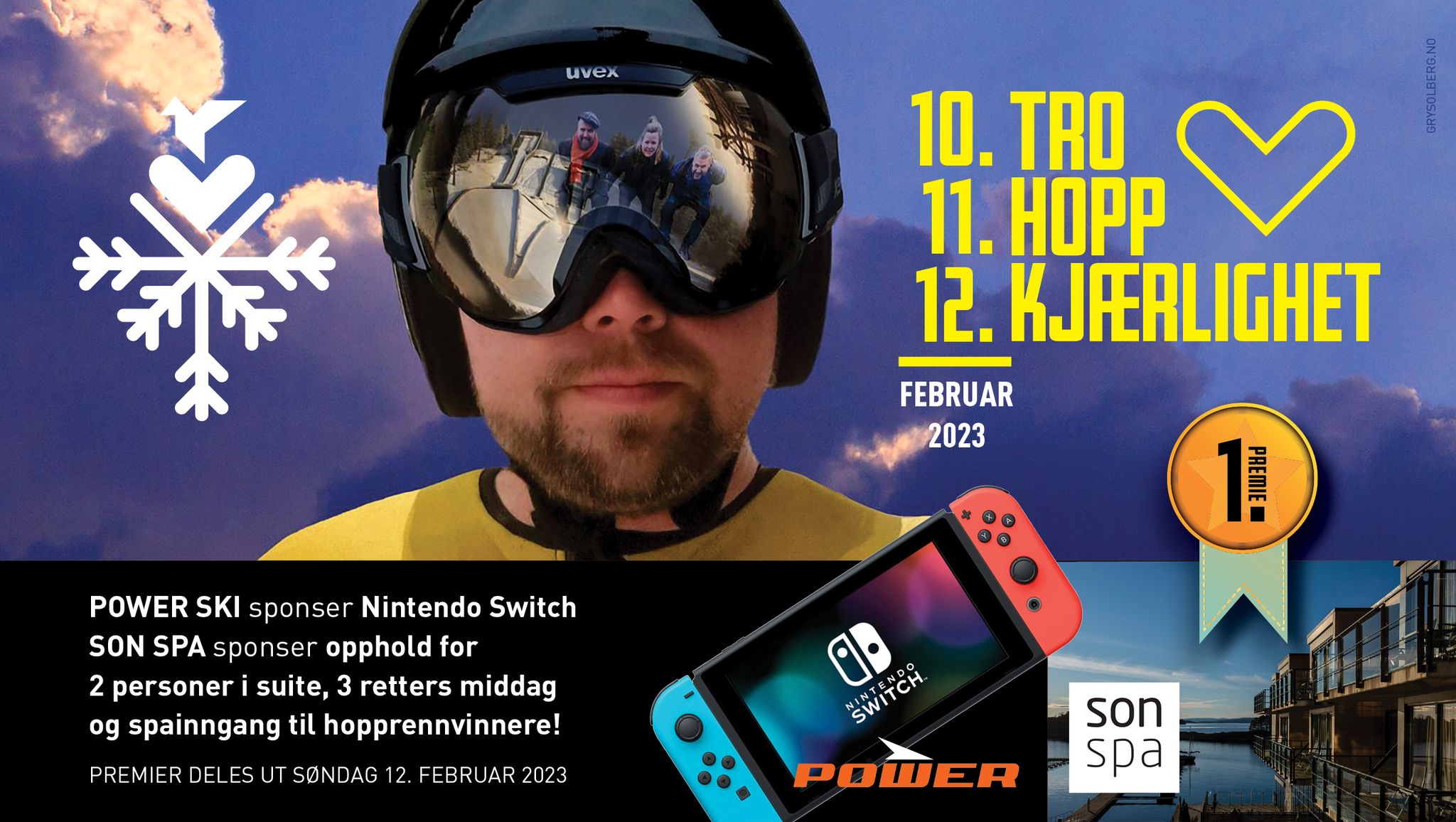 Bilde av en skihopper med informasjon om arrangementet og premiering. 
