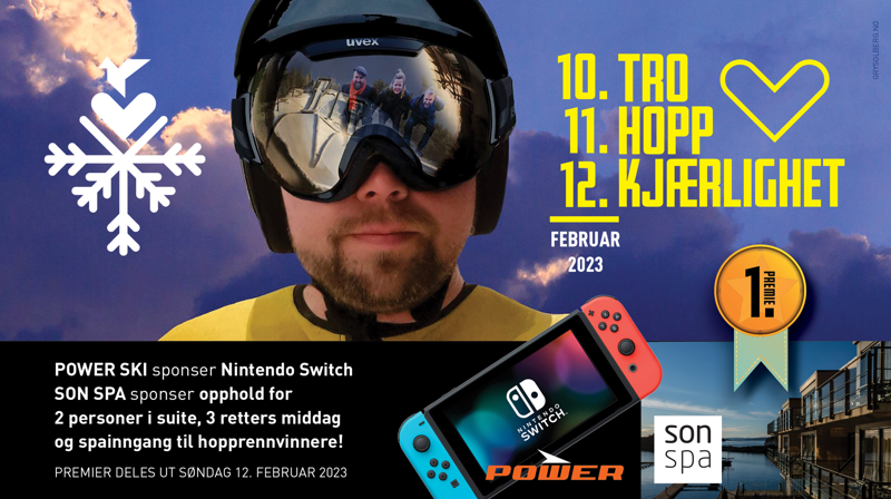 Bilde av en skihopper med informasjon om arrangementet og premiering.